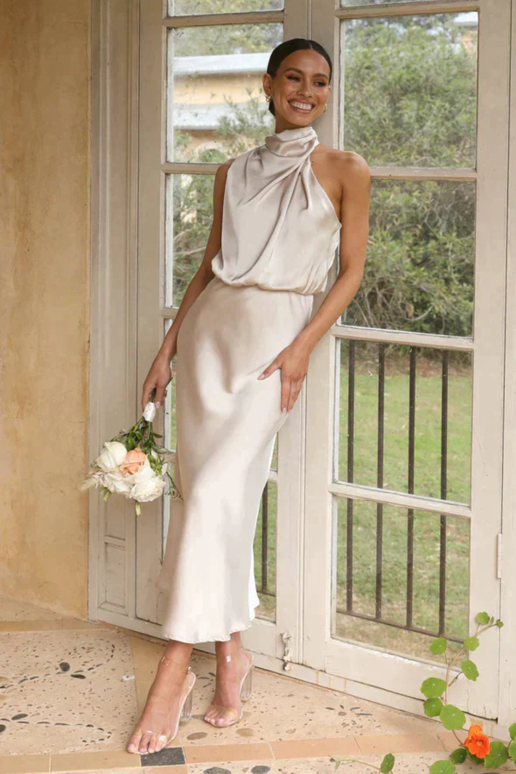 Women Halter Neck Midi Dress Satin Wedding Guest Dress