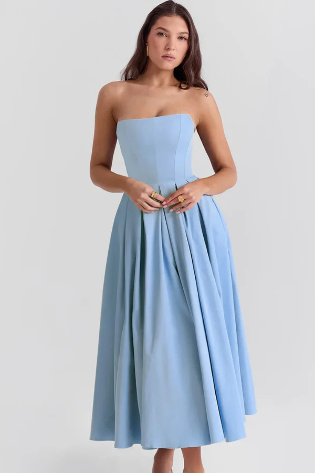 Women Strapless Corset Midi Dress with Flared Skirt