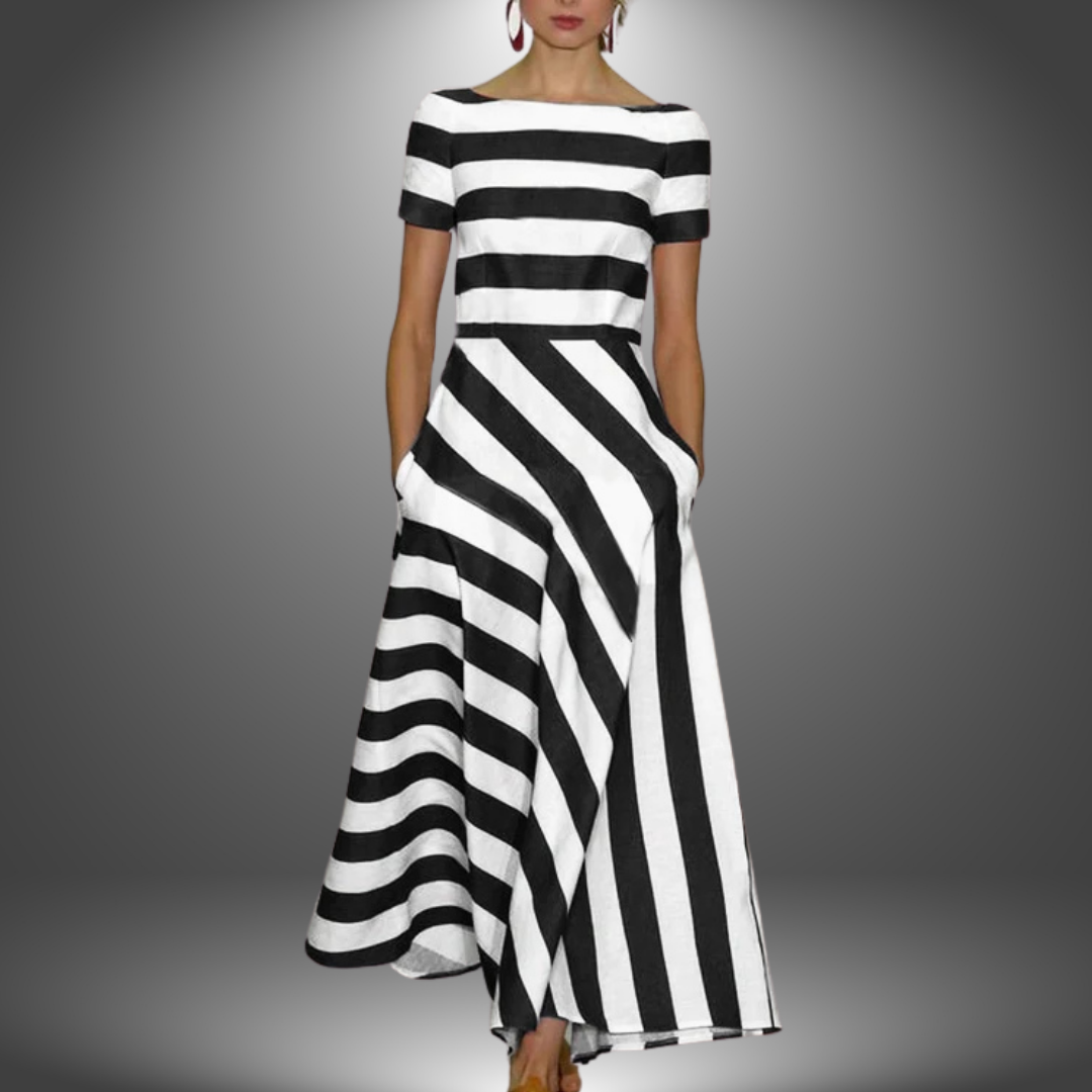 Women's Striped A-Line Dress – Boat Neck, Short Sleeve, Casual Elegant Style