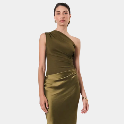 Women's One-Shoulder Satin Maxi Dress – Ruched Bodice, Elegant Formal Style