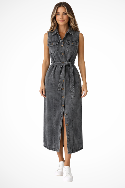 Women Sleeveless Belted Button Down Denim Maxi Dress with Split