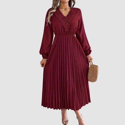 Women's Lace V-Neck A-Line Dress – Long Sleeve, Pleated, Autumn Winter Style