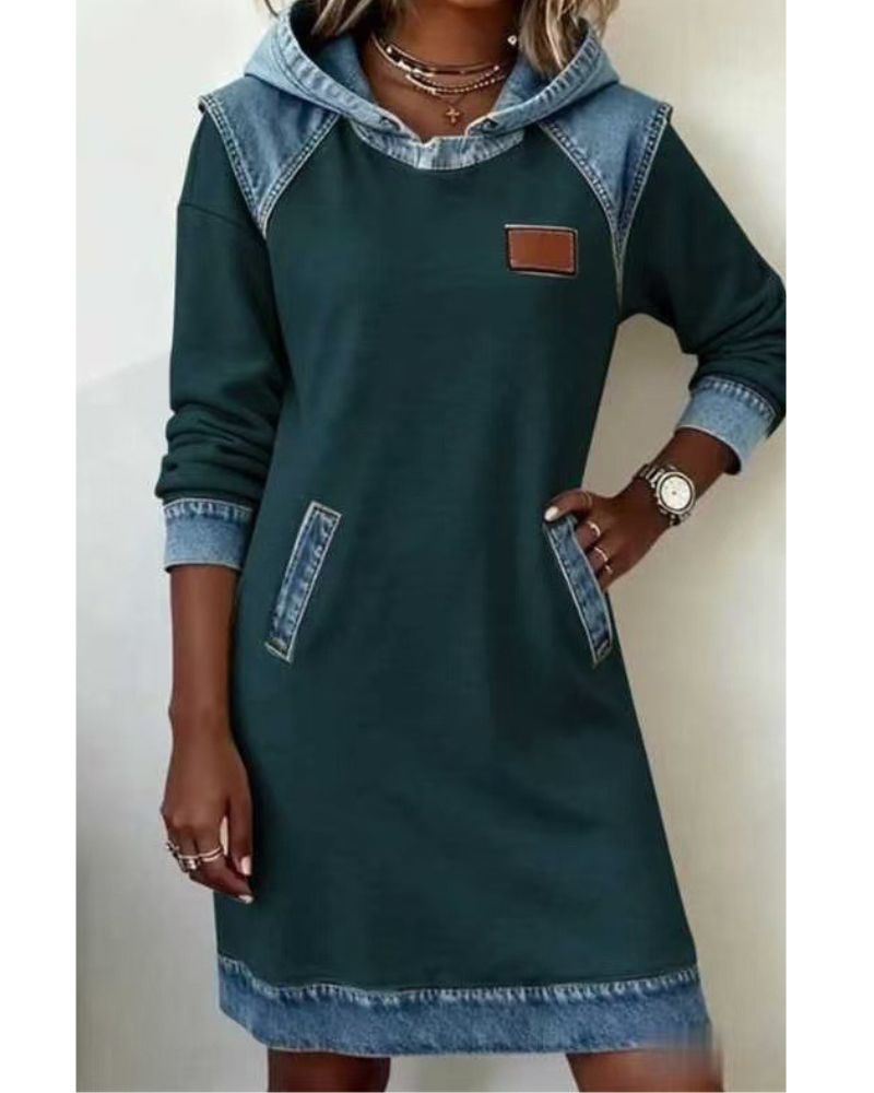 Women's Denim Hooded Dress – Relaxed Fit, Casual Streetwear, Urban Style
