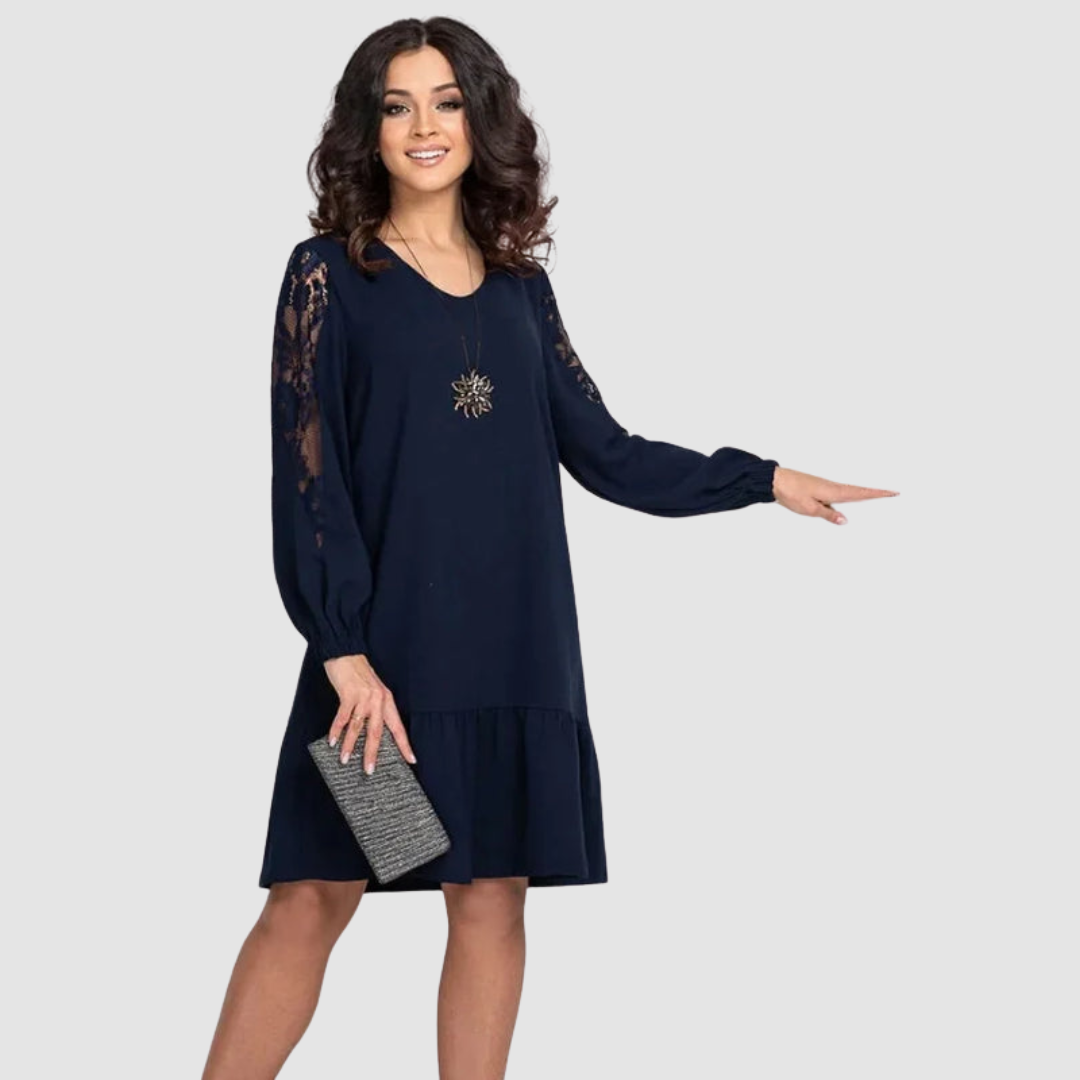 Women's Floral Lace Sleeve Midi Dress – Shift Style, Sheer Panel, Elegant