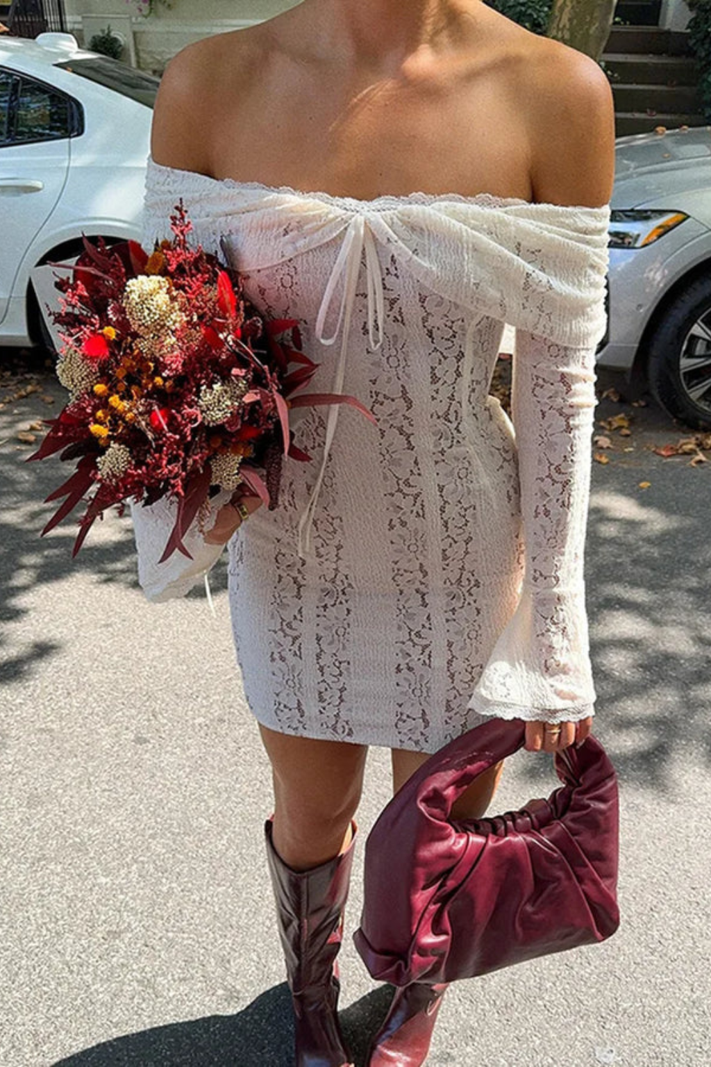 Women Off Shoulder Lace Long Sleeve Wedding Guest Mini Dress