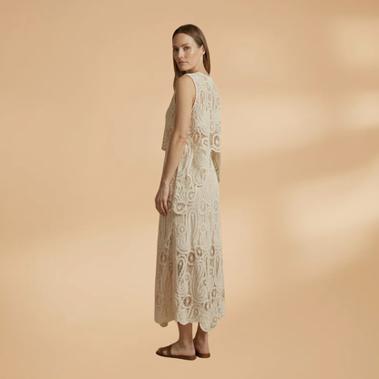 Women's Crochet Sleeveless Tank and Skirt Set with Side Slits and Boat Neck