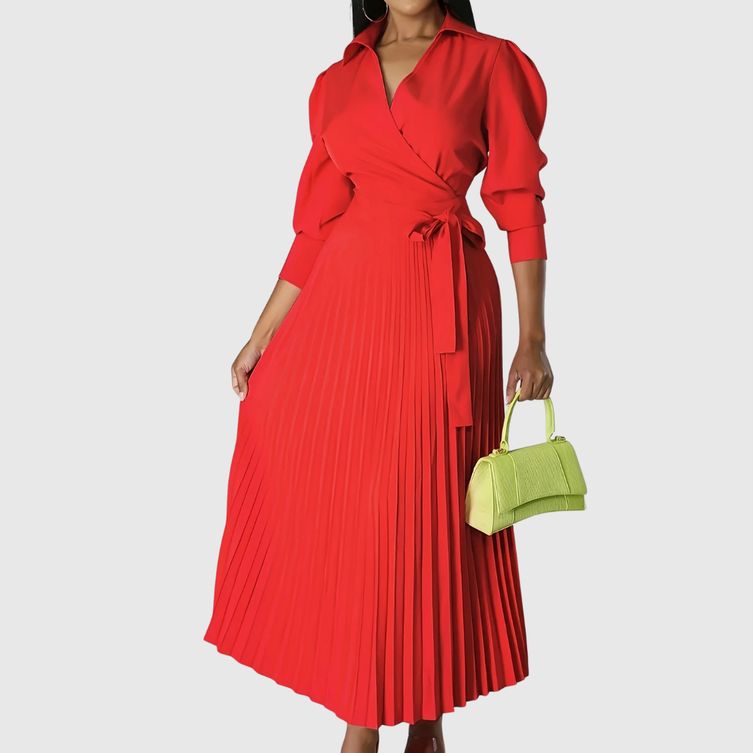 Women's Wrap Pleated Midi Dress – V-Neck, Tie Belt, Three-Quarter Sleeve