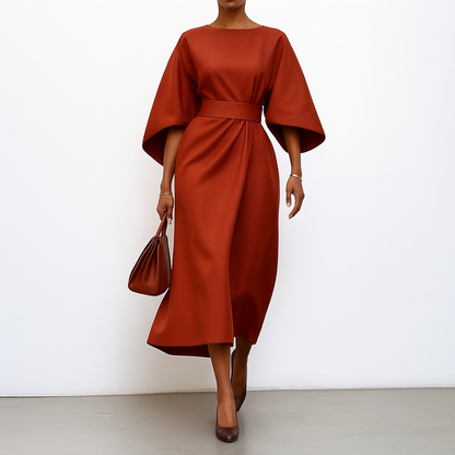 Women's Satin Batwing Sleeve Maxi Dress – Belted Waist, Elegant Formal Style