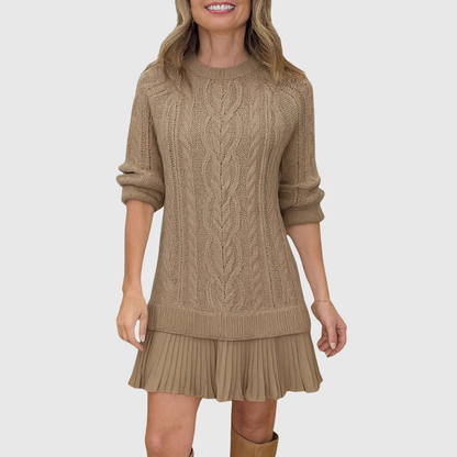 Women's Cable Knit Sweater Dress – Pleated Hem, Long Sleeve, Cosy Winter Style