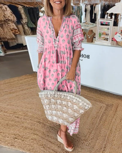 Women Printed V Neck Midi Dress