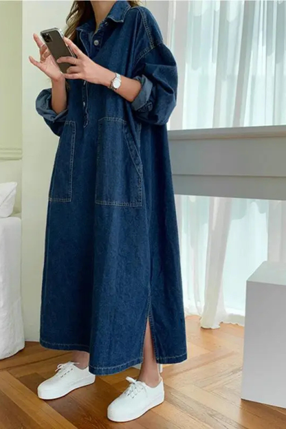 Women Oversized Long Sleeve Collared Denim Maxi Dress with Pockets