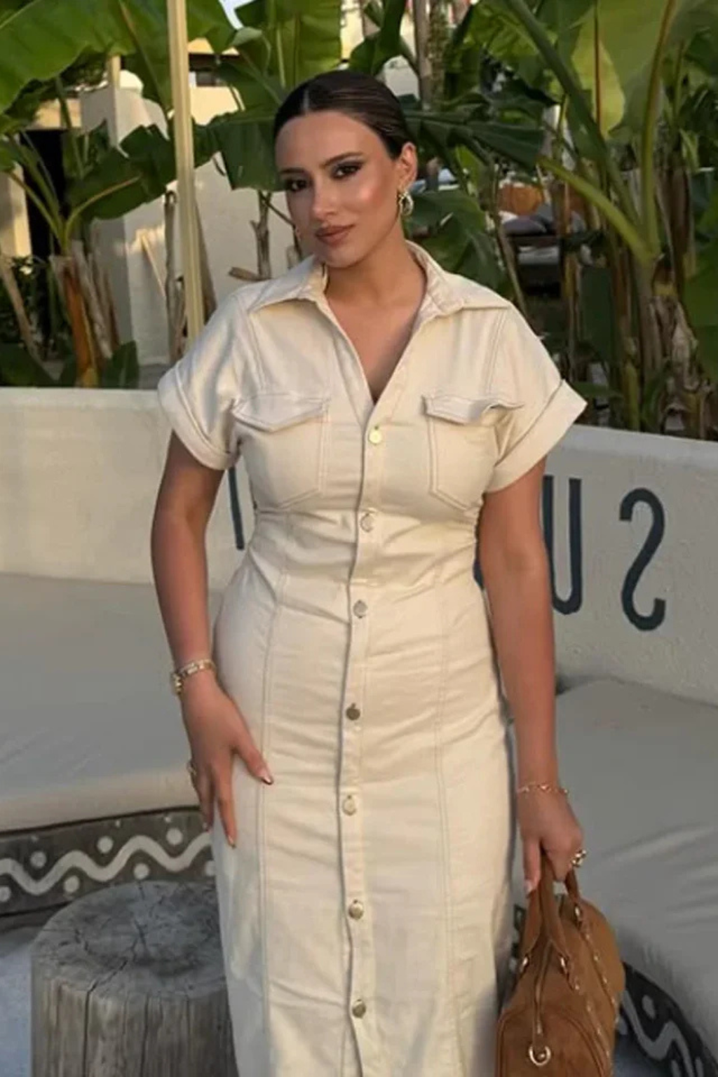 Women Short Sleeve Button Through Fitted Denim Midi Shirt Dress