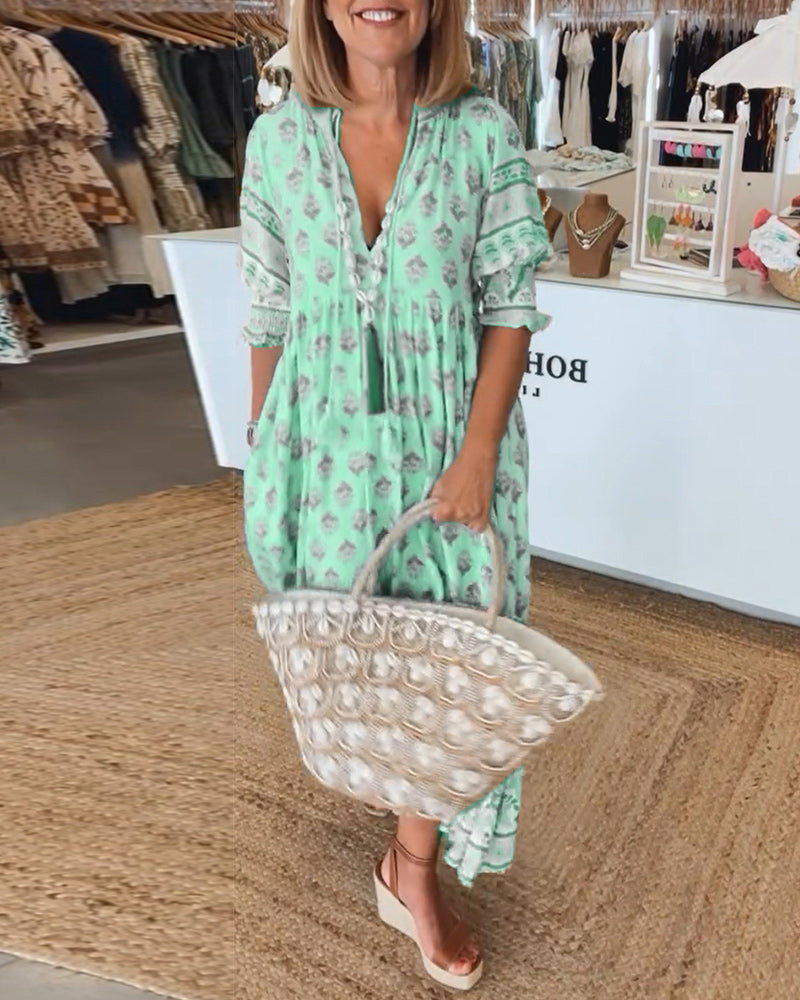 Women Printed V Neck Midi Dress