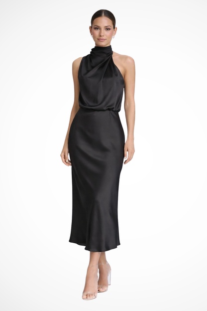 Women Halter Neck Midi Dress Satin Wedding Guest Dress