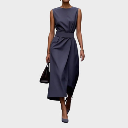 Women's Sleeveless Round Neck Midi Dress – Pleated Waist, Side Slit, Elegant