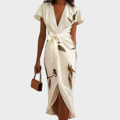 Women's Elegant Wrap Dress – V-Neck, Flutter Sleeve, Leaf Print, Tied Waist