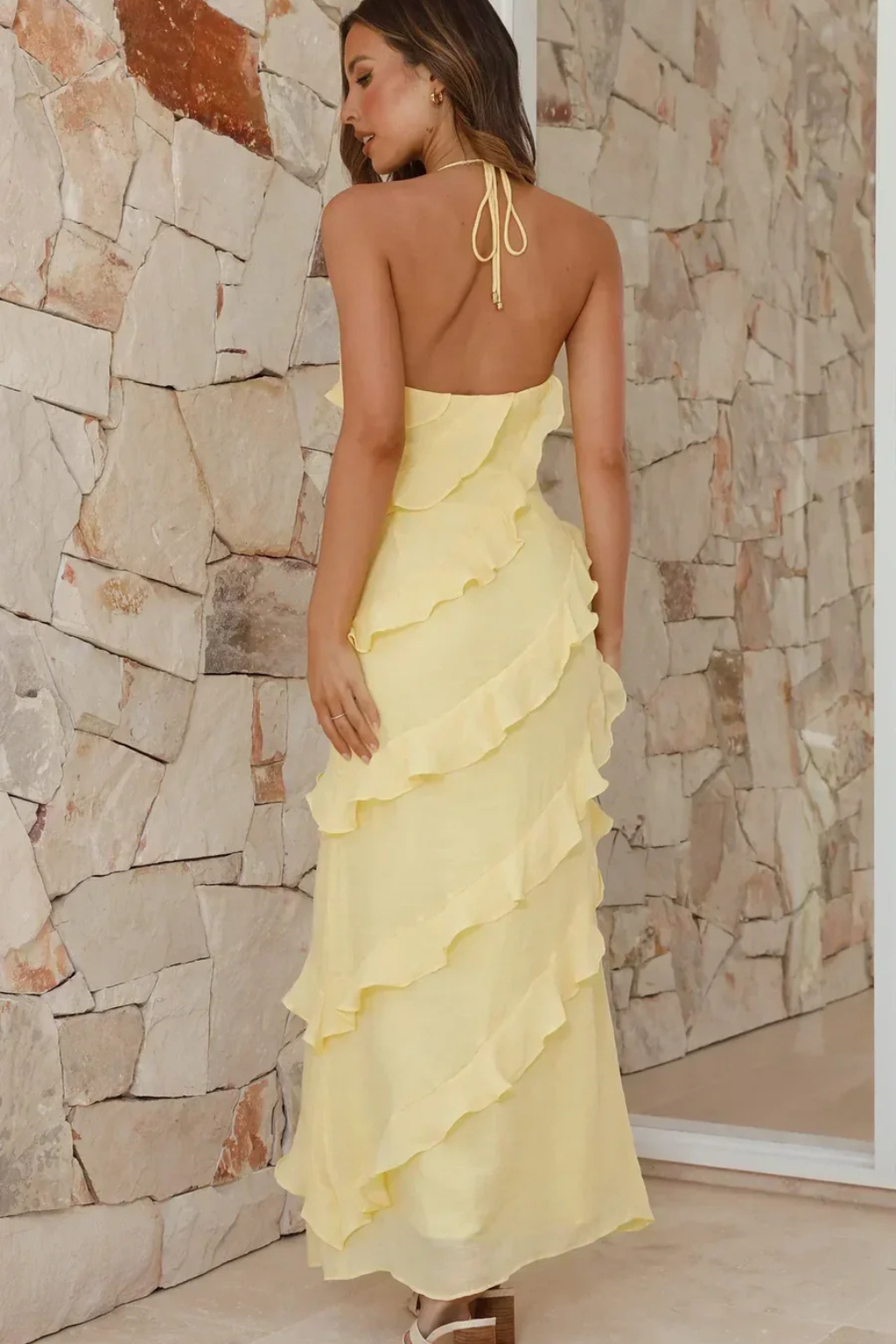 Women Halter Neck Ruffle Summer Maxi Dress