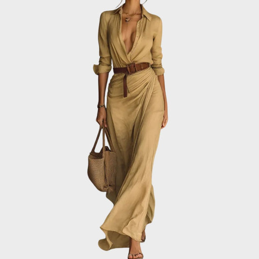 Women's Lapel Wrap Maxi Dress – Belted Waist, Long Sleeve, Elegant Style