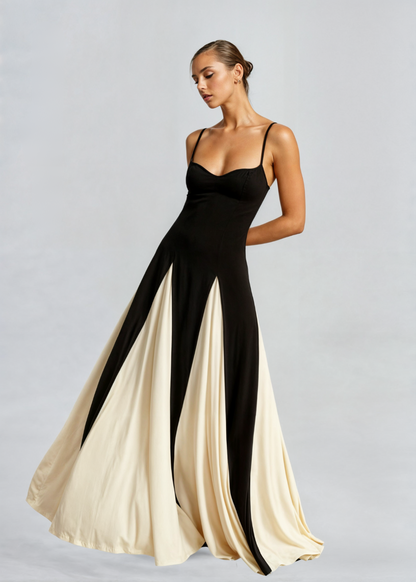 Women's Elegant Sweetheart Maxi Dress – Fitted Bodice, Two-Tone Formal Style