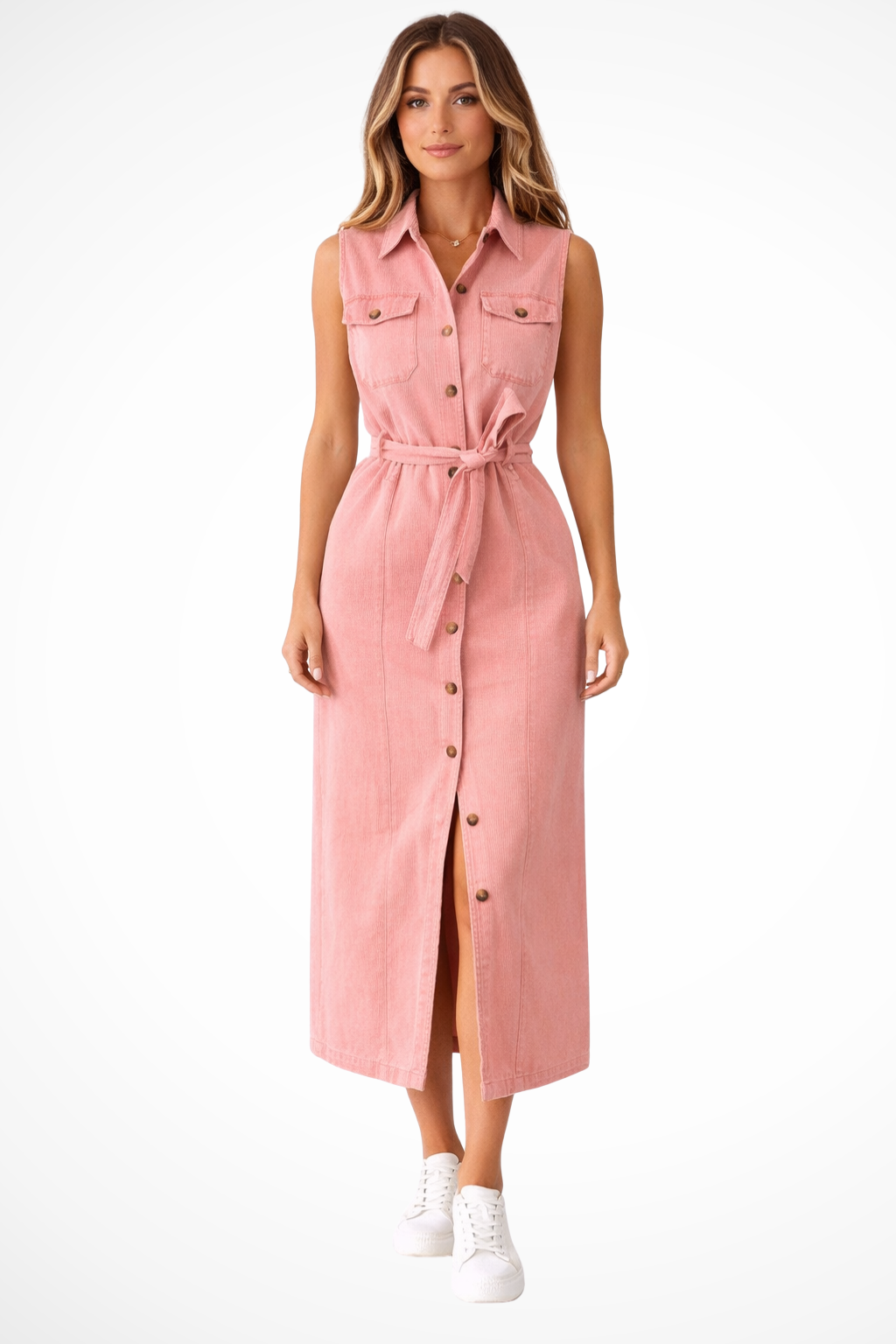 Women Sleeveless Belted Button Down Denim Maxi Dress with Split