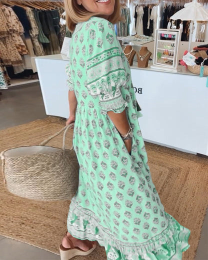Women Printed V Neck Midi Dress