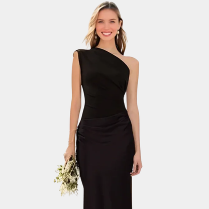 Women's One-Shoulder Satin Maxi Dress – Ruched Bodice, Elegant Formal Style