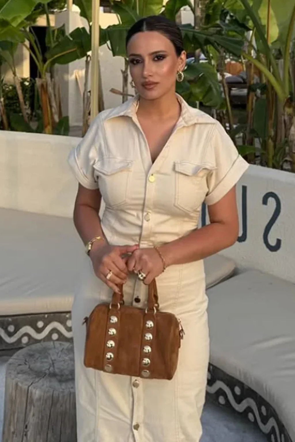 Women Short Sleeve Button Through Fitted Denim Midi Shirt Dress