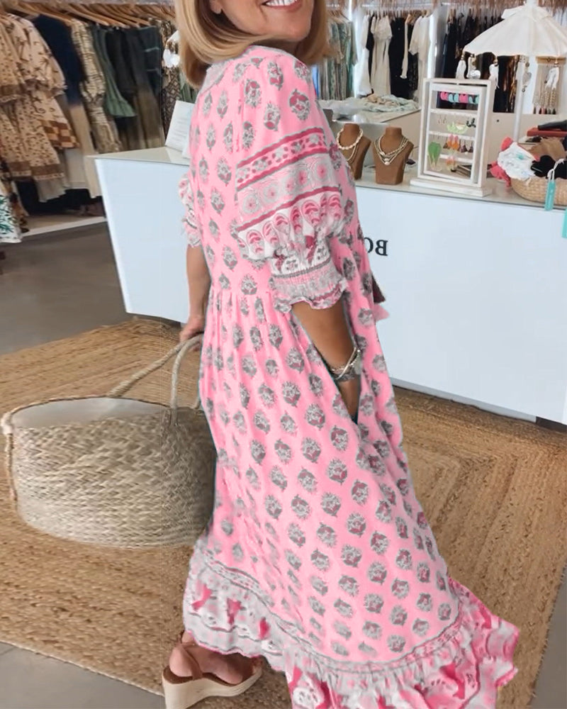 Women Printed V Neck Midi Dress