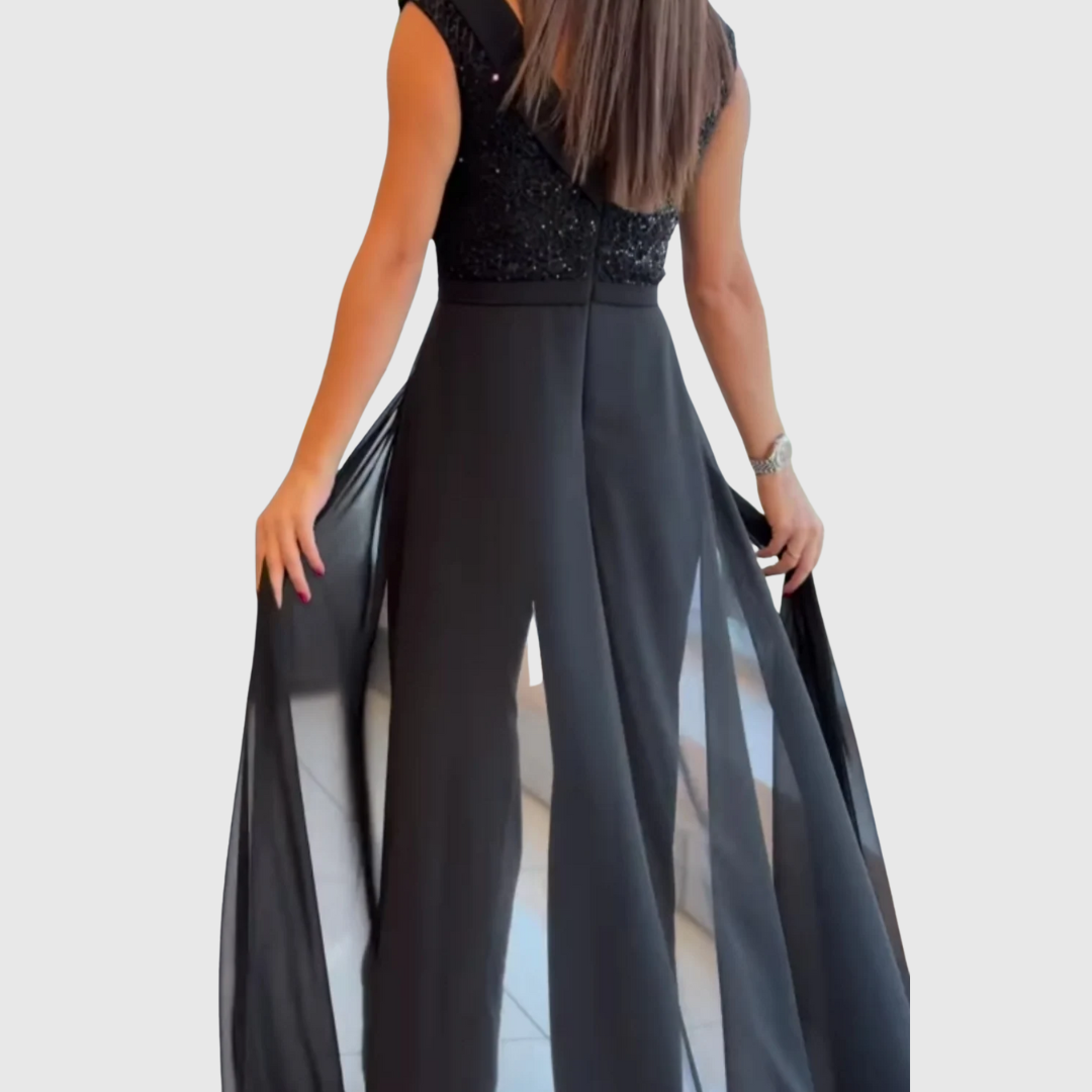 Women's Sleeveless Jumpsuit Dress – Wide Leg, Chiffon Overlay, Formal Style