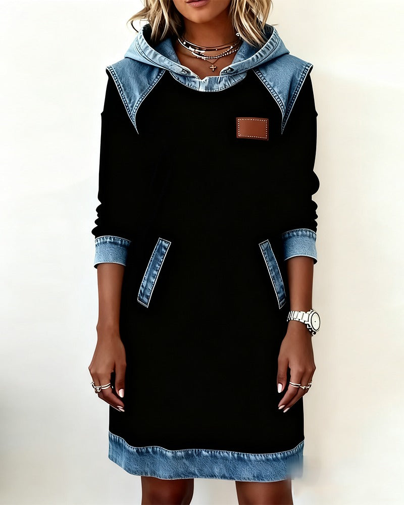 Women's Denim Hooded Dress – Relaxed Fit, Casual Streetwear, Urban Style