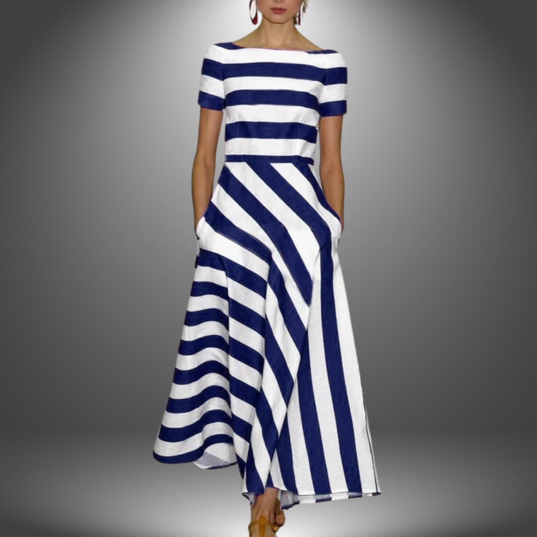 Women's Striped A-Line Dress – Boat Neck, Short Sleeve, Casual Elegant Style