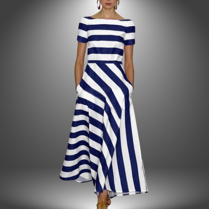 Women's Striped A-Line Dress – Boat Neck, Short Sleeve, Casual Elegant Style