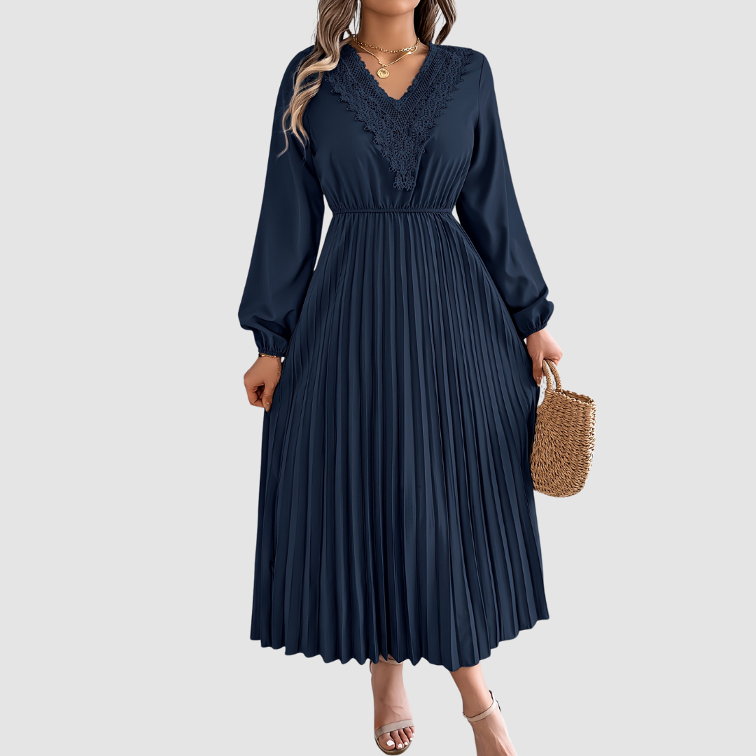 Women's Lace V-Neck A-Line Dress – Long Sleeve, Pleated, Autumn Winter Style