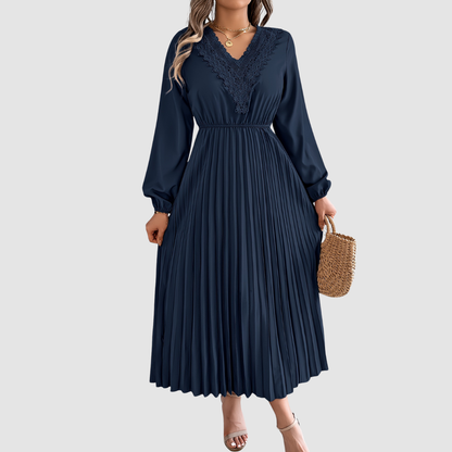 Women's Lace V-Neck A-Line Dress – Long Sleeve, Pleated, Autumn Winter Style