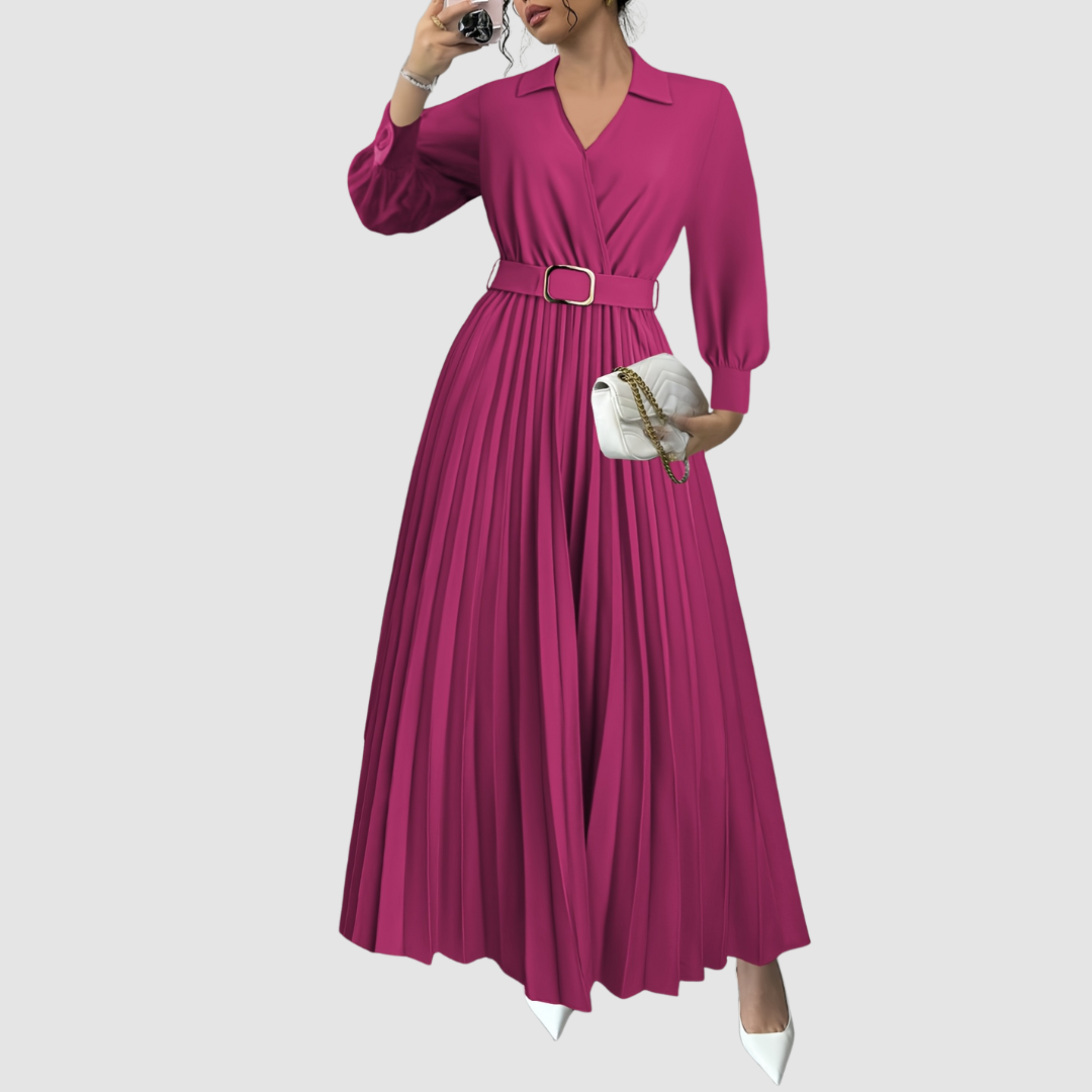 Women's V-Neck Pleated Maxi Dress – Belted Waist, Long Sleeve, Elegant Style