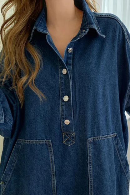 Women Oversized Long Sleeve Collared Denim Maxi Dress with Pockets