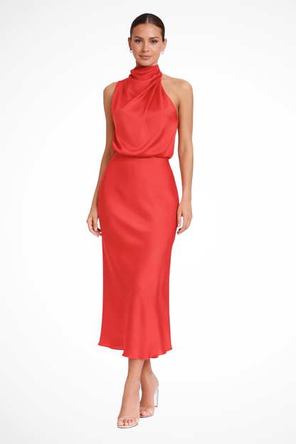 Women Halter Neck Midi Dress Satin Wedding Guest Dress