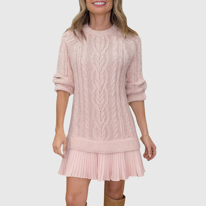 Women's Cable Knit Sweater Dress – Pleated Hem, Long Sleeve, Cosy Winter Style