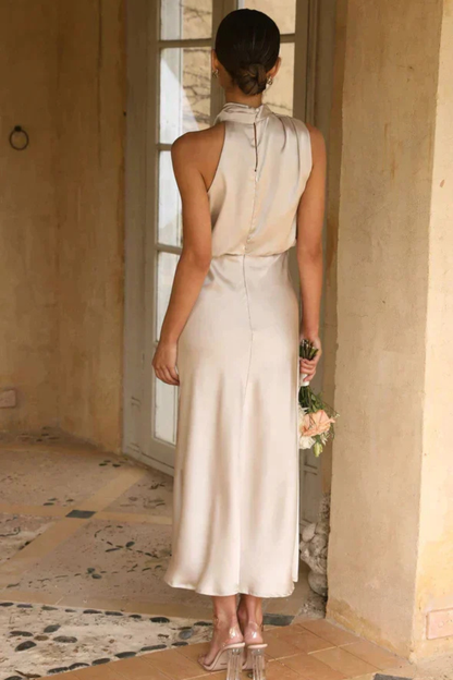 Women Halter Neck Midi Dress Satin Wedding Guest Dress