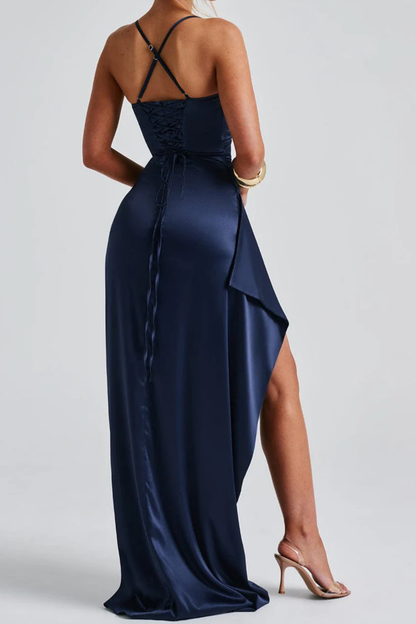 Women Spaghetti Strap Ruched Maxi High Slit Wedding Guest Dress