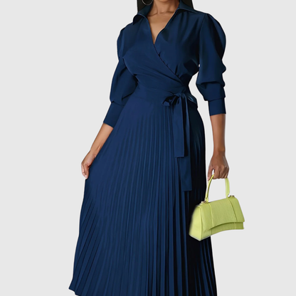 Women's Wrap Pleated Midi Dress – V-Neck, Tie Belt, Three-Quarter Sleeve