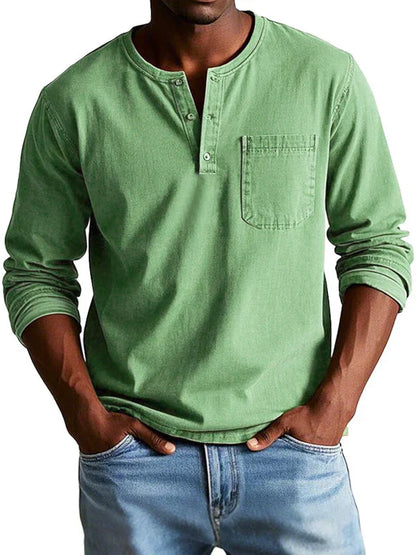 Men's Long Sleeve Shirt - Henley Neck and Chest Pocket