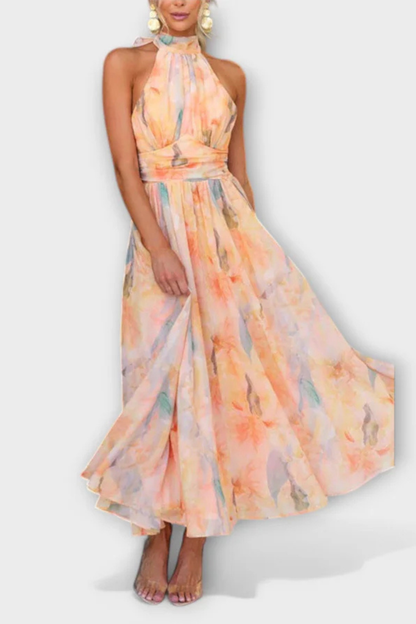 Women Abstract Print Halter Neck Maxi Dress