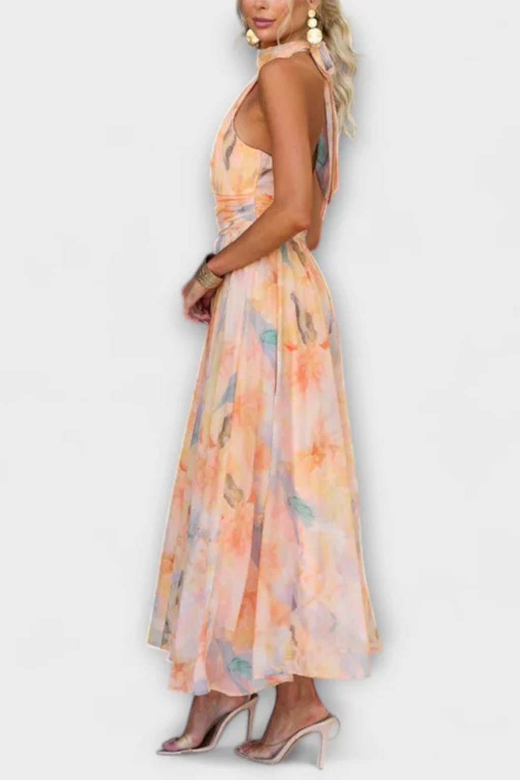 Women Abstract Print Halter Neck Maxi Dress