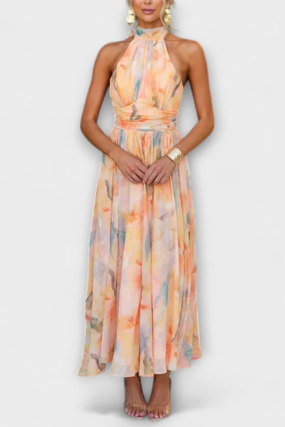 Women Abstract Print Halter Neck Maxi Dress