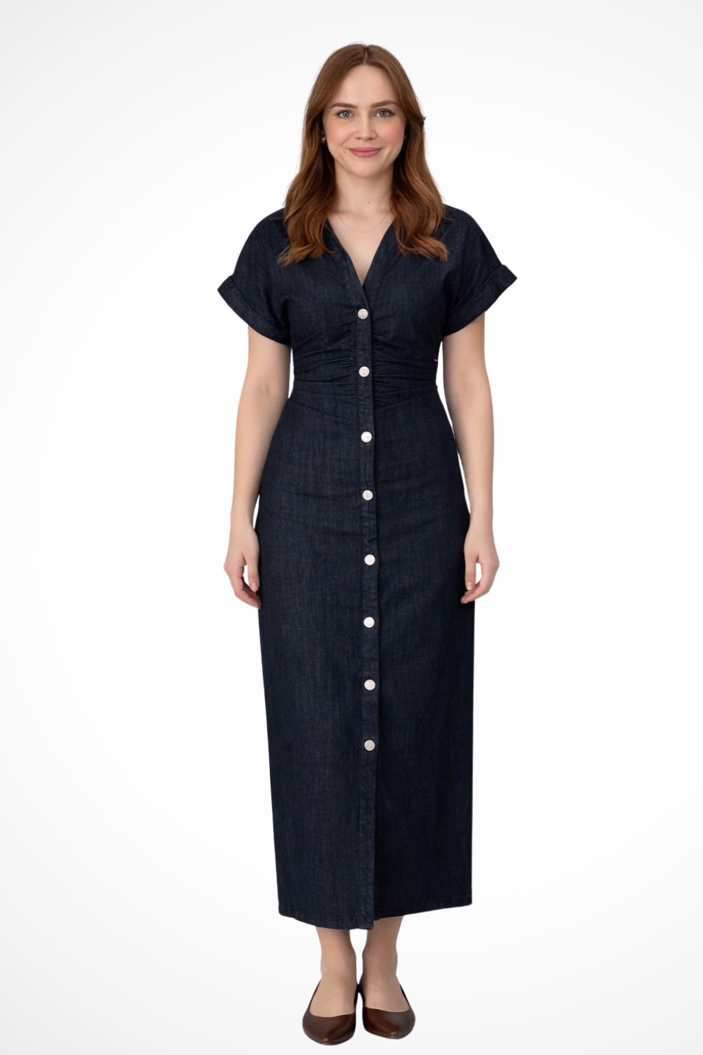 Women’s Button Front Denim Maxi Dress with Lapel Collar