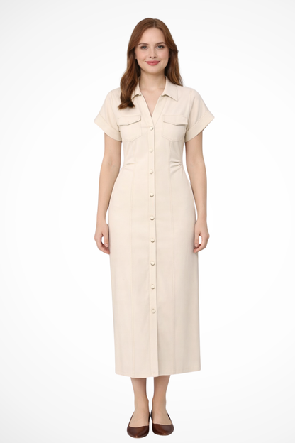 Women’s Button Front Denim Maxi Dress with Lapel Collar