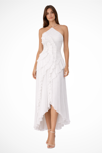 Women’s Sleeveless Halter Backless Ruffled Maxi Summer Wedding Guest Dress
