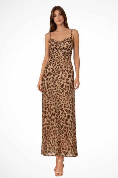 Women’s Leopard Print Spaghetti Strap Backless Maxi Summer Dress