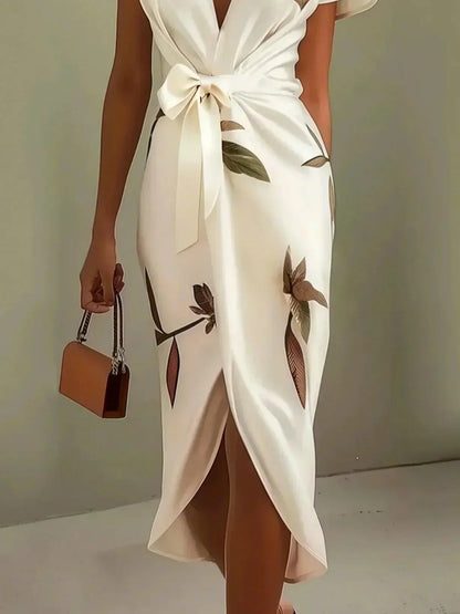 Women's Elegant Wrap Dress – V-Neck, Flutter Sleeve, Leaf Print, Tied Waist